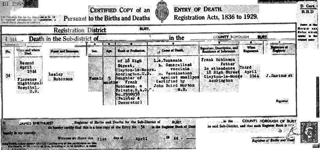 "Horace Capewell, 5 Court St., Southbridge, Anglia, szép szemű, egészséges csecsemő volt. Öthetes korában beoltották. Kilenc nappal később a teste sebhelyek tömkelege volt. A szemei megbetegedtek, és öt hónapos korában teljesen megvakult Sok birminghami orvos kezelte az esetet, de semmi sem tudta helyreállítani a látását Ez sok évvel később, 20 éves korában készült.